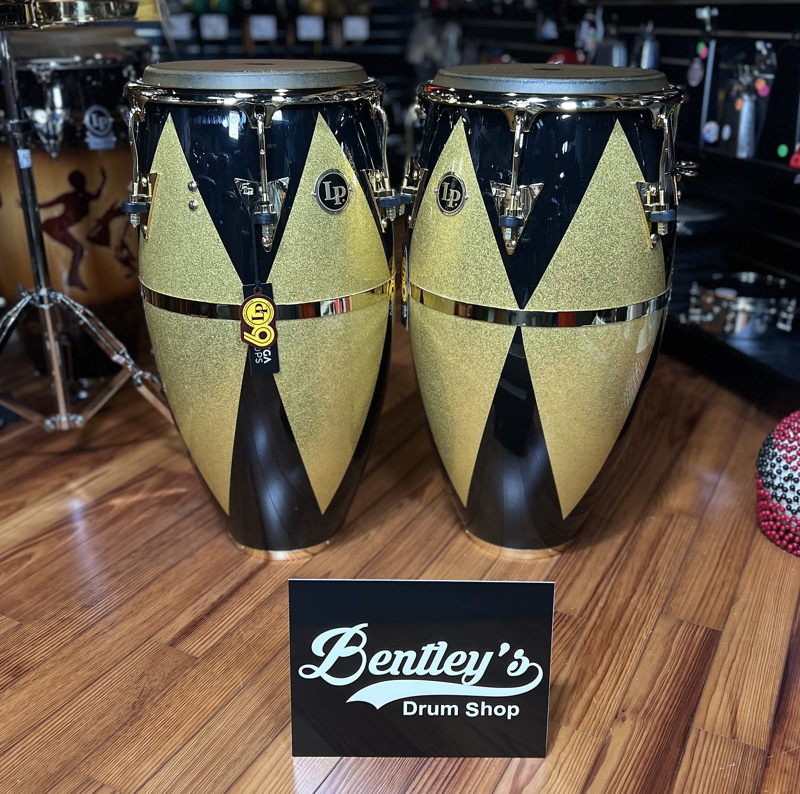 *Bentley's Exclusive* LP Latin Percussion Fiberglass Patato Conga & Tumba Duo Pair Set in Black & Gold Diamond Sparkle w/ Gold Hardware